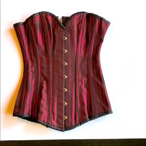 Red and black satin striped lace up corset